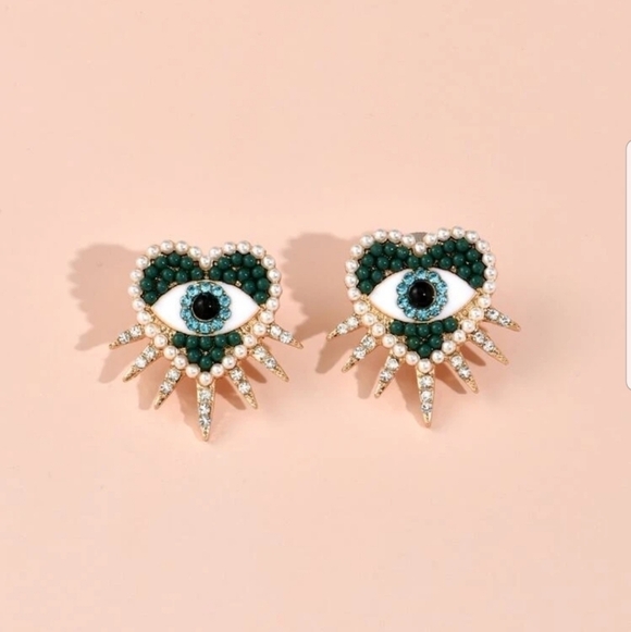 NEW Faux Pearl and Rhinestone Heart DARK GREEN Eye 🧿 earrings for GOOD - Picture 2 of 3